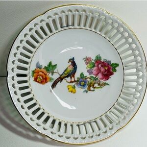 Vintage Arzberg Bavaria Porcelain Bowl Reticulated Peacock Floral Wall Germany